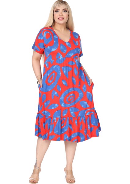 Butik Göğüsten Robalı V Yaka Kısa Kollu Pembe Nazar Desenli Cepli Elbise modelleri
