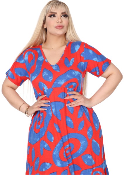 Butik Göğüsten Robalı V Yaka Kısa Kollu Pembe Nazar Desenli Cepli Elbise indirimleri