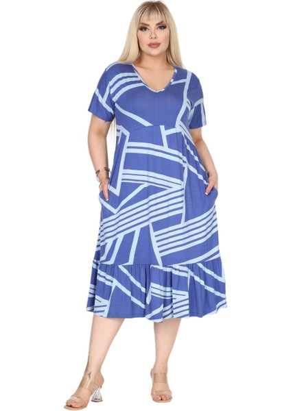 Butik Göğüsten Robalı V Yaka Kısa Kollu Mavi Çizgili Desen Cepli Elbise