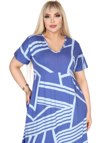 Butik Göğüsten Robalı V Yaka Kısa Kollu Mavi Çizgili Desen Cepli Elbise modelleri
