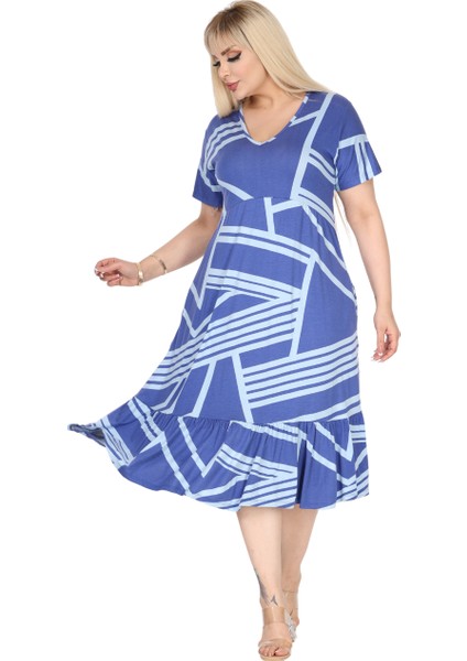 Butik Göğüsten Robalı V Yaka Kısa Kollu Mavi Çizgili Desen Cepli Elbise fırsatları