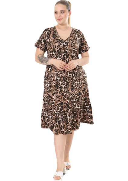 Butik Göğüsten Robalı V Yaka Kısa Kollu Leopar Desen Cepli Elbise fiyatları