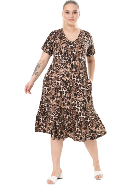 Butik Göğüsten Robalı V Yaka Kısa Kollu Leopar Desen Cepli Elbise modelleri