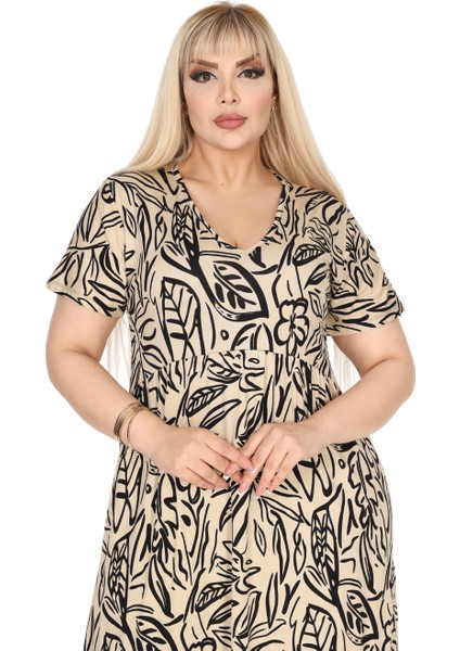Butik Göğüsten Robalı V Yaka Kısa Kollu Bej Yaprak Desen Cepli Elbise modelleri