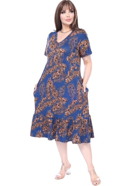 Butik Göğüsten Robalı V Yaka Kısa Kollu Lacivert Başak Desen Cepli Elbise fiyatları