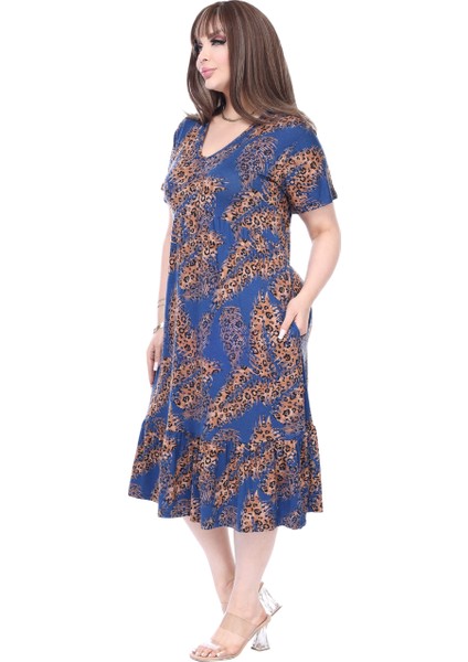 Butik Göğüsten Robalı V Yaka Kısa Kollu Lacivert Başak Desen Cepli Elbise modelleri