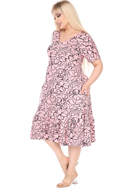 Butik Göğüsten Robalı V Yaka Kısa Kollu Inci Pembesi Çiçek Desen Cepli Elbise