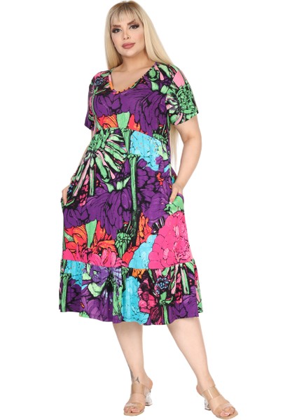 Butik Göğüsten Robalı V Yaka Kısa Kollu Karışık Renkli Desen Cepli Elbise modelleri