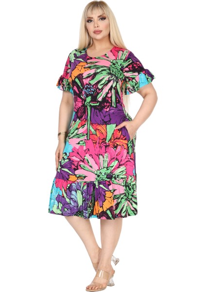 Butik Kadın Büyük Beden Eteği Fırfırlı Karışık Renkli Desen Cepli Elbise