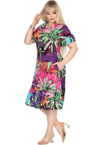 Butik Kadın Büyük Beden Eteği Fırfırlı Karışık Renkli Desen Cepli Elbise fiyatları