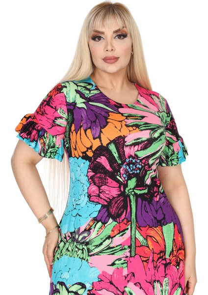 Butik Kadın Büyük Beden Eteği Fırfırlı Karışık Renkli Desen Cepli Elbise modelleri