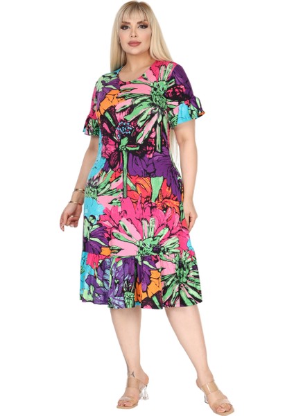 Butik Kadın Büyük Beden Eteği Fırfırlı Karışık Renkli Desen Cepli Elbise fırsatları