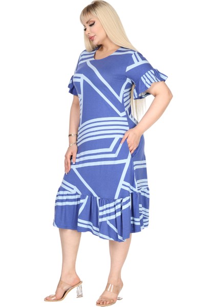 Butik Kadın Büyük Beden Eteği Fırfırlı Mavi Çizgili Desen Cepli Elbise fiyatları