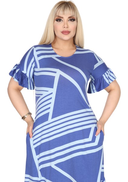 Butik Kadın Büyük Beden Eteği Fırfırlı Mavi Çizgili Desen Cepli Elbise indirimleri