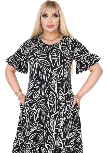 Butik Kadın Büyük Beden Eteği Fırfırlı Siyah Yaprak Desen Cepli Elbise