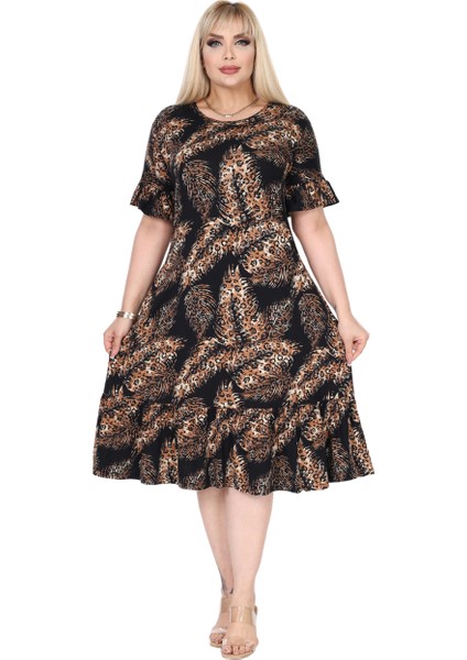 Butik Siyah Başak Desen Büyük Beden Eteği Fırfırlı Cepli Elbise