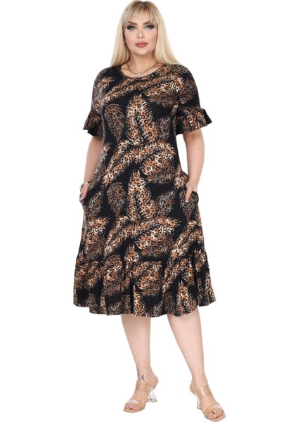 Butik Siyah Başak Desen Büyük Beden Eteği Fırfırlı Cepli Elbise modelleri