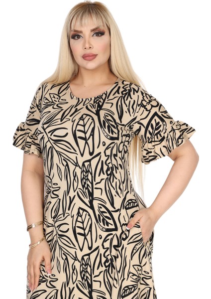 Butik Kadın Büyük Beden Eteği Fırfırlı Bej Yaprak Desen Cepli Elbise