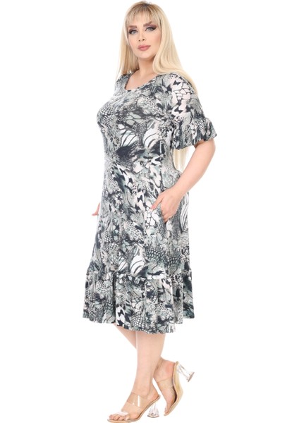 Butik Kadın Büyük Beden Eteği Fırfırlı Gri Timsah Desen Cepli Elbise modelleri