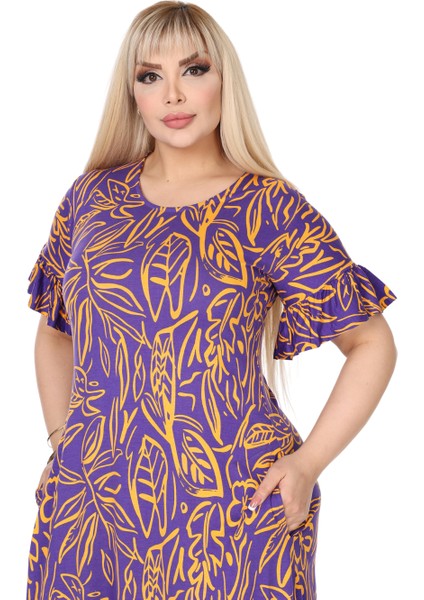 Butik Kadın Büyük Beden Eteği Fırfırlı Mor Yaprak Desen Cepli Elbise modelleri