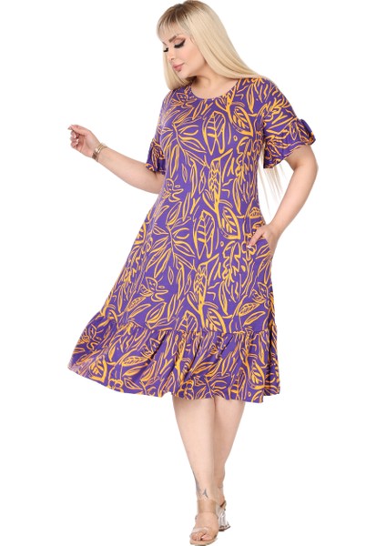 Butik Kadın Büyük Beden Eteği Fırfırlı Mor Yaprak Desen Cepli Elbise fırsatları