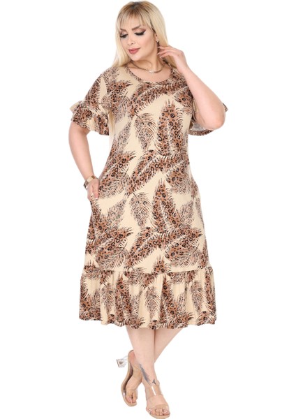 Butik Ekru Başak Desen Büyük Beden Eteği Fırfırlı Cepli Elbise fırsatları
