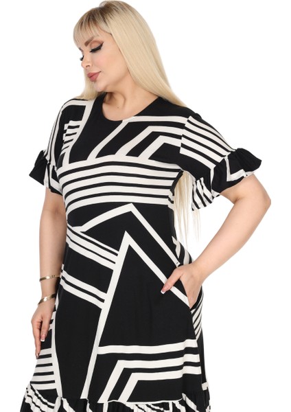 Butik Kadın Büyük Beden Eteği Fırfırlı Siyah Çizgili Desen Cepli Elbise indirimleri