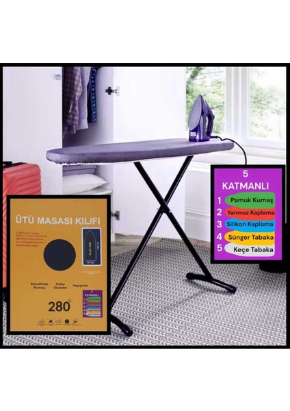 5 Katmanlı Ütü Masası Kılıfı Örtüsü Bezi Keçeli Süngerli Lastikli Yanmaz Ayarlanabilir 52X140 cm