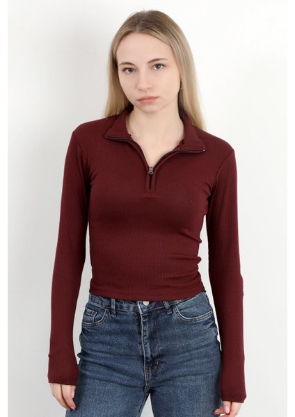 Kadın Dik Yaka Yarım Fermuarlı Uzun Kollu Body Bordo - MS0000498