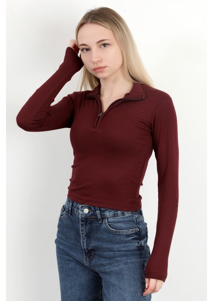 Kadın Dik Yaka Yarım Fermuarlı Uzun Kollu Body Bordo - MS0000498