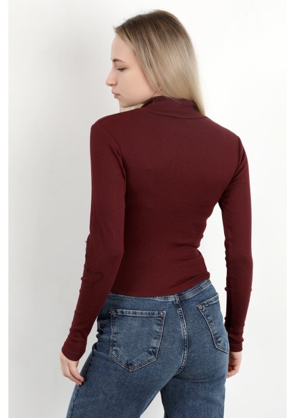 Kadın Dik Yaka Yarım Fermuarlı Uzun Kollu Body Bordo - MS0000498