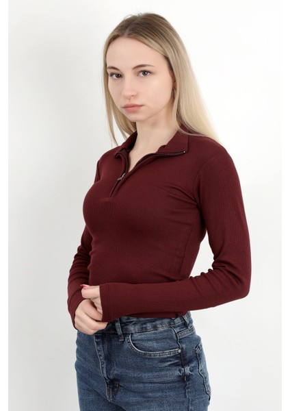 Kadın Dik Yaka Yarım Fermuarlı Uzun Kollu Body Bordo - MS0000498