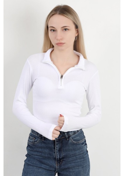 Kadın Dik Yaka Yarım Fermuarlı Uzun Kollu Body Beyaz - MS0000498