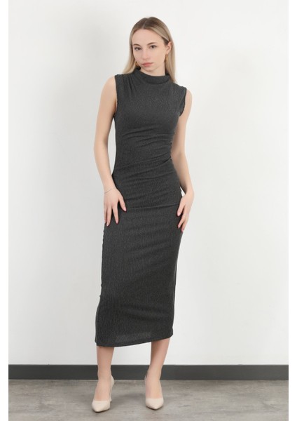 Kadın Dik Yaka Büzgü Detaylı Dokulu Elbise Antrasit - MS0000588 fiyatları