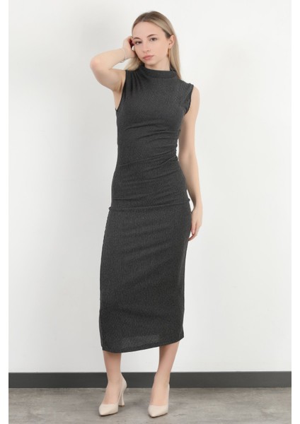 Kadın Dik Yaka Büzgü Detaylı Dokulu Elbise Antrasit - MS0000588 modelleri