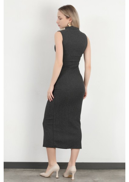 Kadın Dik Yaka Büzgü Detaylı Dokulu Elbise Antrasit - MS0000588 fırsatları