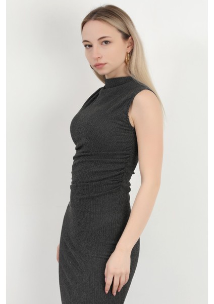 Kadın Dik Yaka Büzgü Detaylı Dokulu Elbise Antrasit - MS0000588 indirimleri