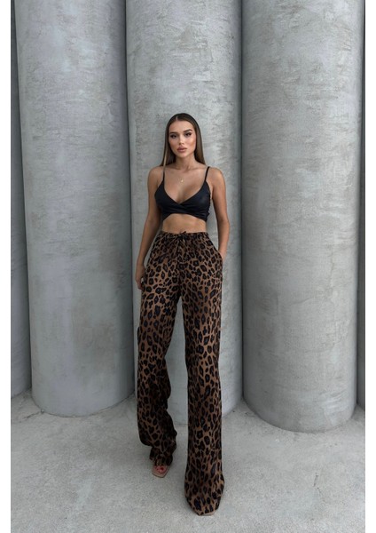 Kadın Beli Lastikli Bağlama Detaylı Palazzo Pantolon Leopar - 25Y 2189