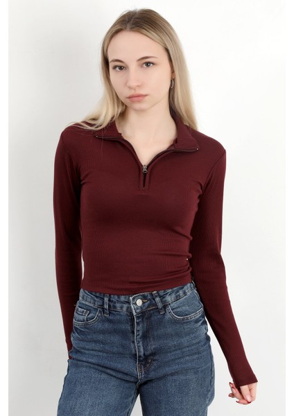 Kadın Dik Yaka Yarım Fermuarlı Uzun Kollu Body Bordo - MS0000498