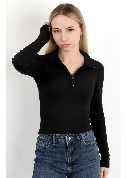 Kadın Dik Yaka Yarım Fermuarlı Uzun Kollu Body Siyah - MS0000498