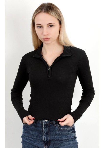 Kadın Dik Yaka Yarım Fermuarlı Uzun Kollu Body Siyah - MS0000498