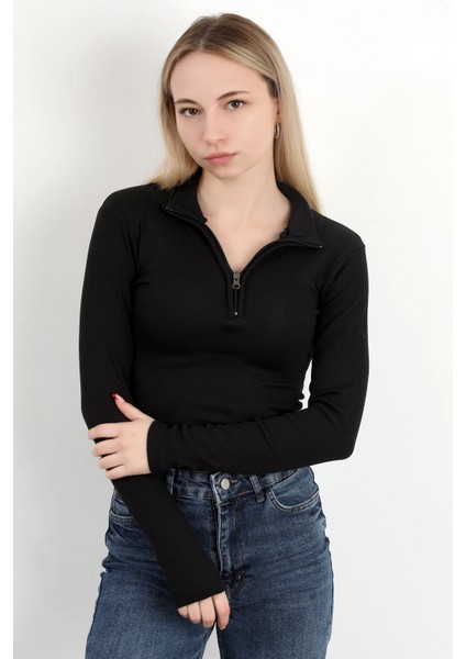 Kadın Dik Yaka Yarım Fermuarlı Uzun Kollu Body Siyah - MS0000498