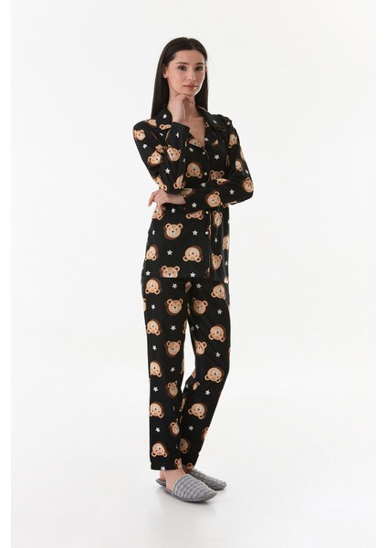 Ayıcık Desenli Gömlek Yaka Süet Pijama Takımı