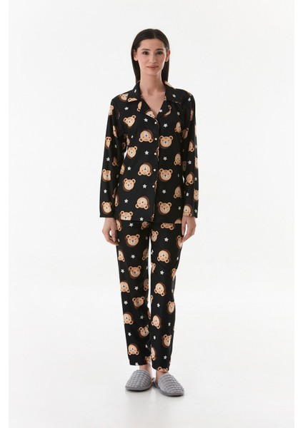 Ayıcık Desenli Gömlek Yaka Süet Pijama Takımı