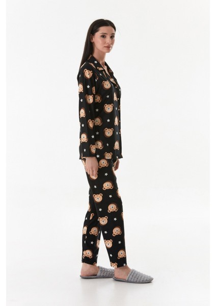 Ayıcık Desenli Gömlek Yaka Süet Pijama Takımı