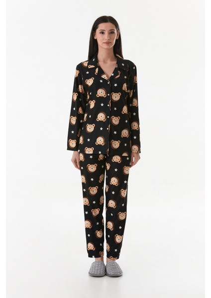 Ayıcık Desenli Gömlek Yaka Süet Pijama Takımı