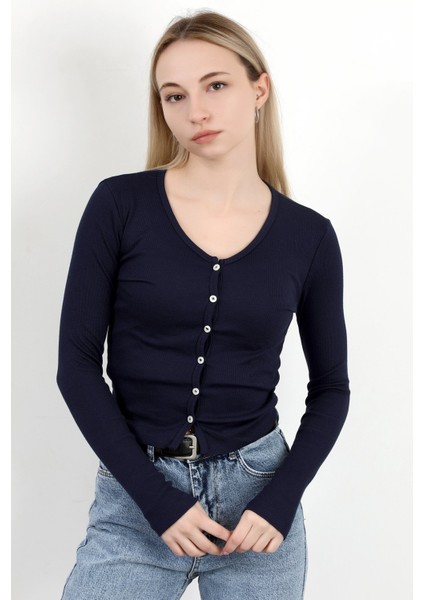 Kadın Düğmeli Uzun Kollu Kaşkorse Body Lacivert - MS0000501