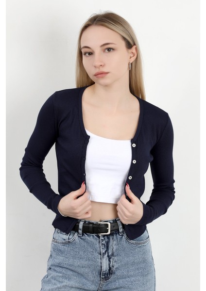 Kadın Düğmeli Uzun Kollu Kaşkorse Body Lacivert - MS0000501