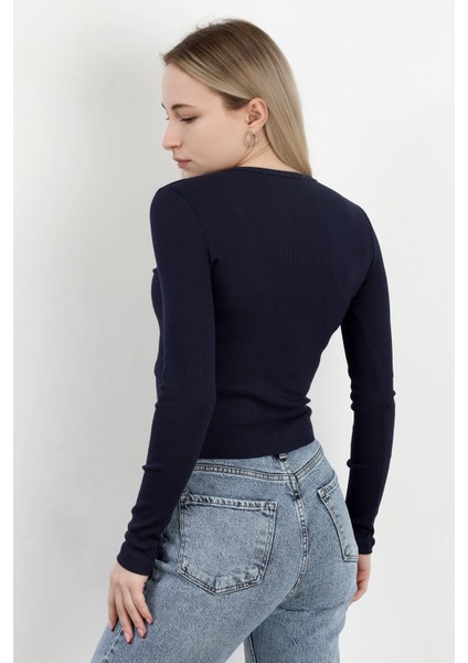 Kadın Düğmeli Uzun Kollu Kaşkorse Body Lacivert - MS0000501