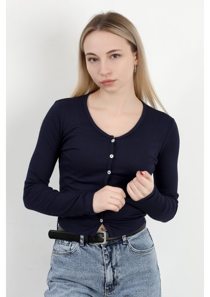 Kadın Düğmeli Uzun Kollu Kaşkorse Body Lacivert - MS0000501